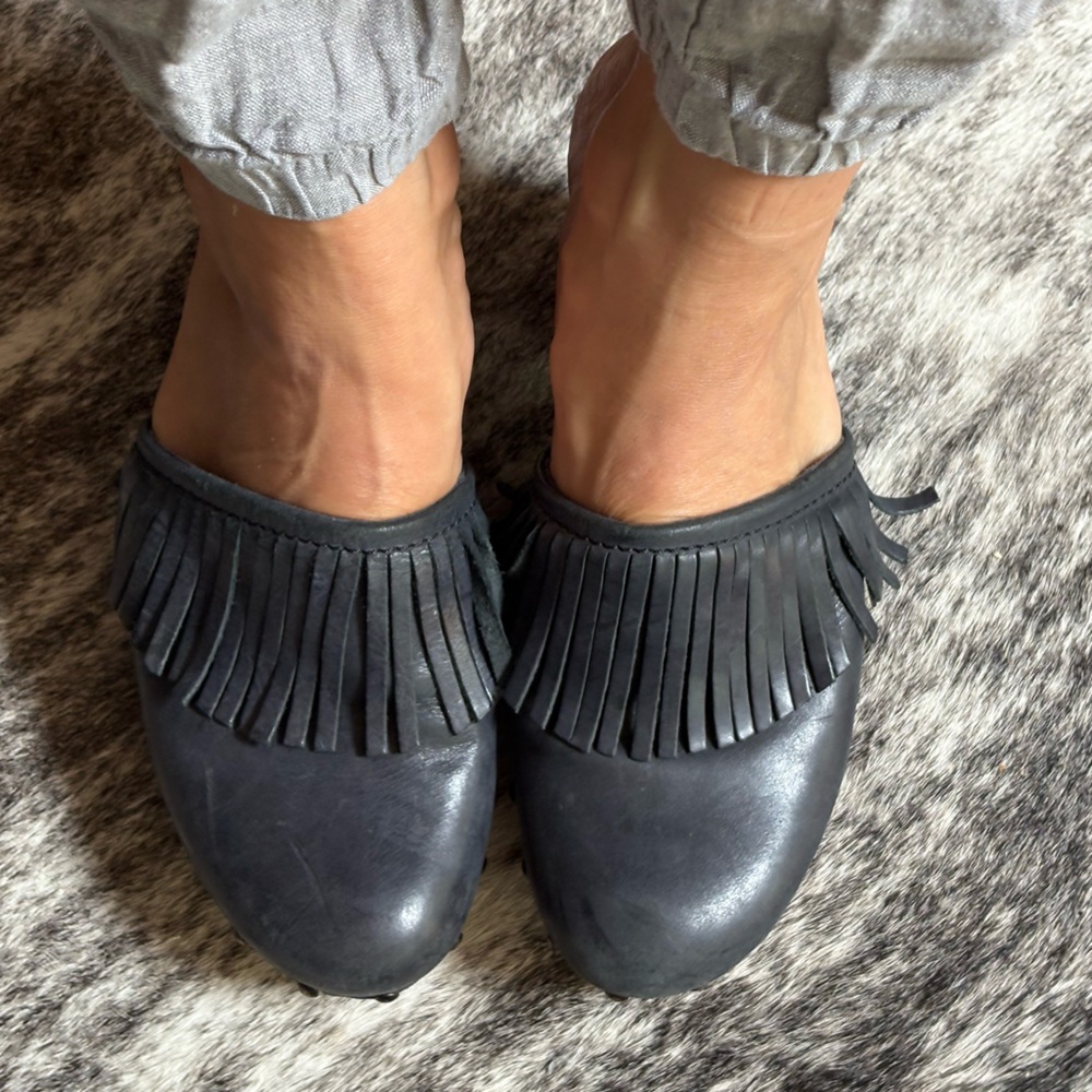 Fringe Studded Leather Mules - Blue - Picture 3 of 10
